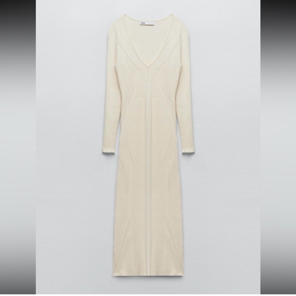 Rare Zara Ecru Ribbed Knit Midi Dress Sculpting Long Sleeve Bodycon Cream Beige - Picture 13 of 14
